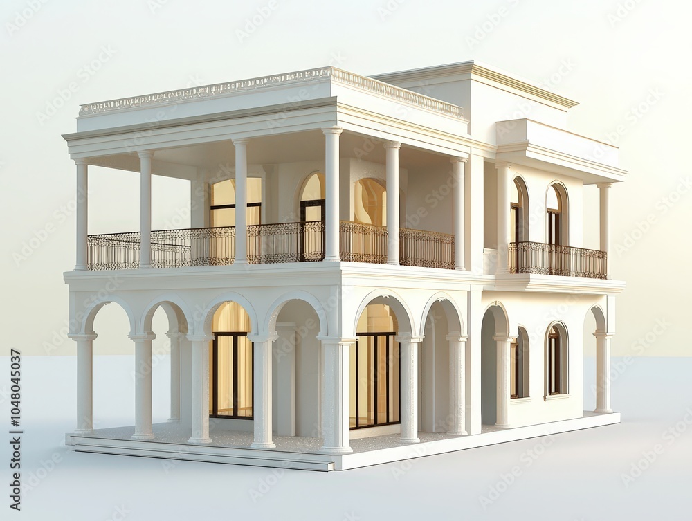 Fototapeta premium Elegant modern villa architecture showcasing intricate design and spacious balconies at sunset