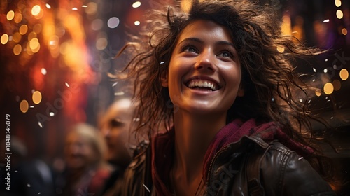 Joyful Woman Looking Up at Confetti