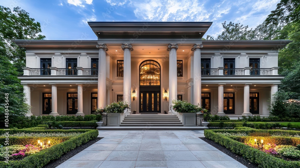 Fototapeta premium Suburban family home features a backyard play area with a treehouse and sandbox.