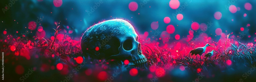 Obraz premium Surreal 3D Illustration of a Skull in Vibrant Landscape