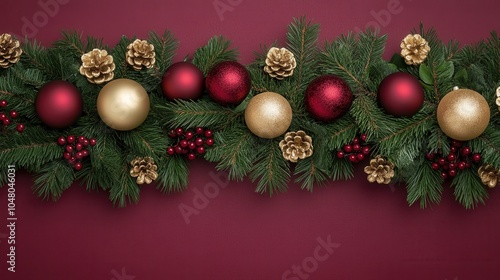 Christmas Garland with Red and Gold Ornaments on Pine Branches