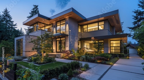 Modern House with Stone Facade and Landscaped Yard at Dusk