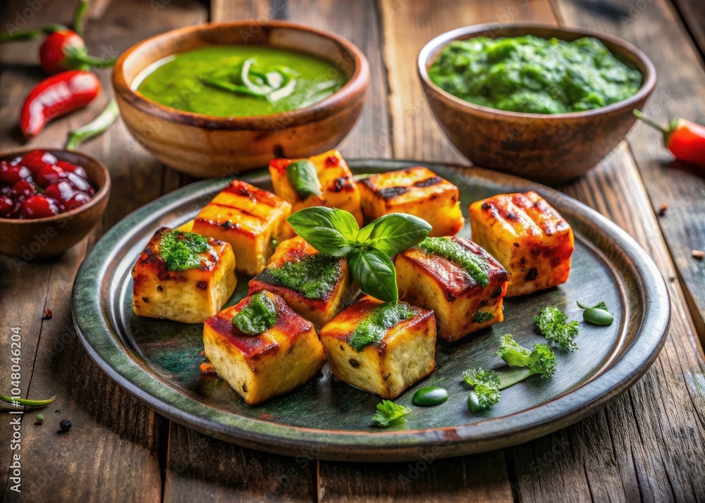 Grilled Paneer Cubes with Green Sauce on Rustic Plate - Delicious Indian Cuisine, Vegan-friendly Food, Appetizing Presentation, Perfect for Parties and Gatherings Grilled Paneer Cubes with Green Sauce on Rustic Plate - Delicious Indian Cuisine, Vegan-friendly Food, Appetizing Presentation, Perfect for Parties and Gatherings