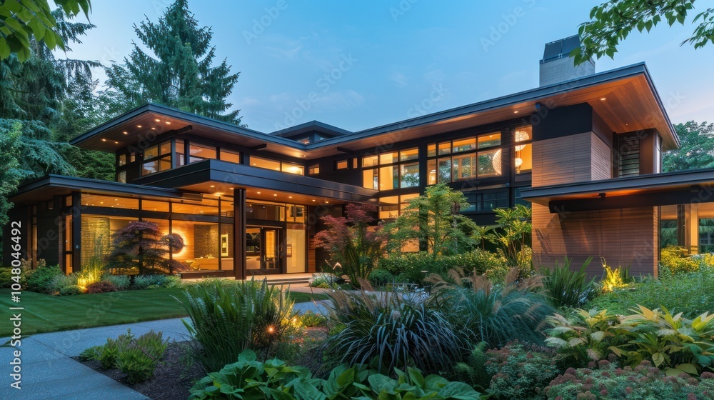 Modern House with Illuminated Windows and Lush Landscaping at Dusk Modern House with Illuminated Windows and Lush Landscaping at Dusk