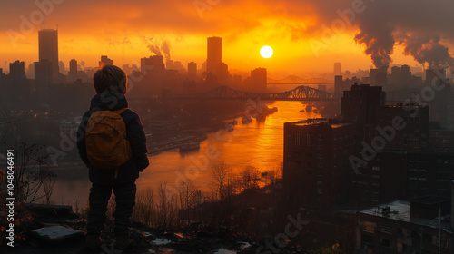 Boy on elevated outlook point seeing dystopic vista over urban riverscape ominously caressed by burning, ill-boding sunset vibrant from industrial air pollution emitted by smoking factories