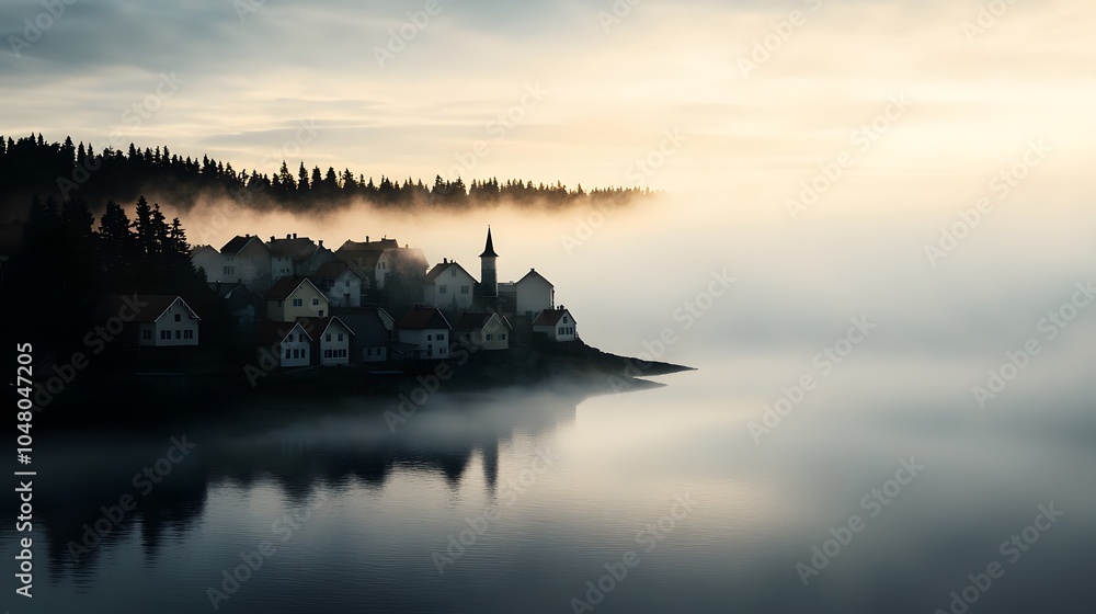 A Serene Coastal Village Emerges from Mystical Fog Under the Early Light of Dawn's Embrace. Weather Condition Concept A Serene Coastal Village Emerges from Mystical Fog Under the Early Light of Dawn's Embrace. Weather Condition Concept