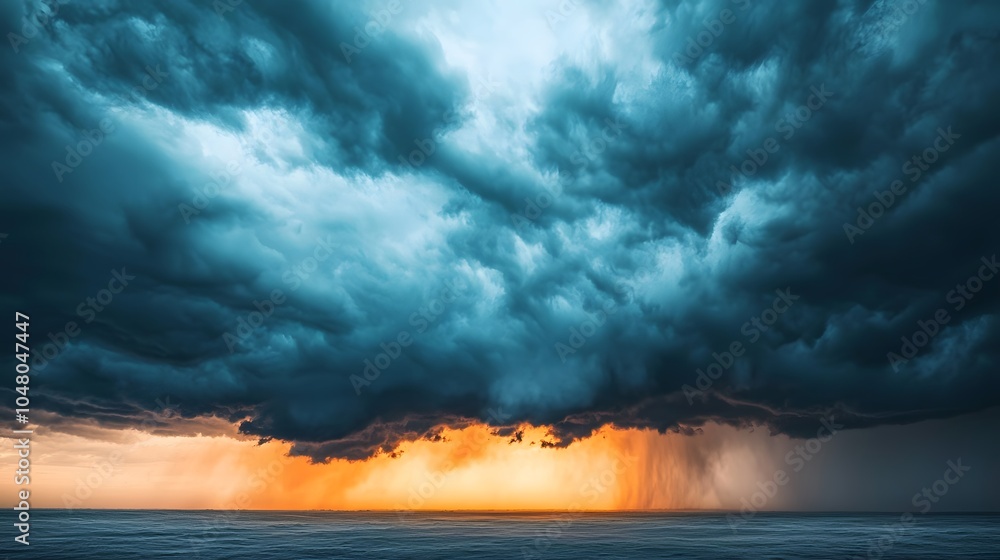 Dark Clouds Loom Over Ocean As Storm Approaches, Creating A Beautiful Contrast With Distant Light. Weather Condition Concept Dark Clouds Loom Over Ocean As Storm Approaches, Creating A Beautiful Contrast With Distant Light. Weather Condition Concept
