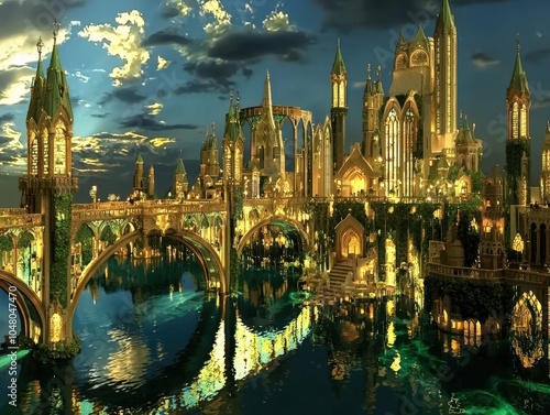 A magical twilight view of a glittering fantasy city by the serene river