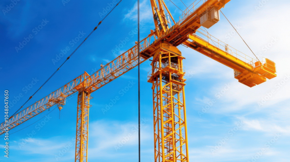 Construction crane against bright blue sky, showcasing industrial strength and innovation. Construction crane against bright blue sky, showcasing industrial strength and innovation.