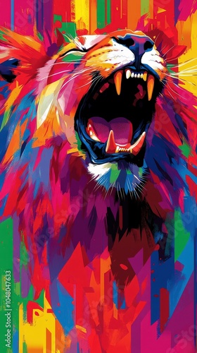 A vibrant lion’s roar bursting with colors in an artistic display of nature's majesty