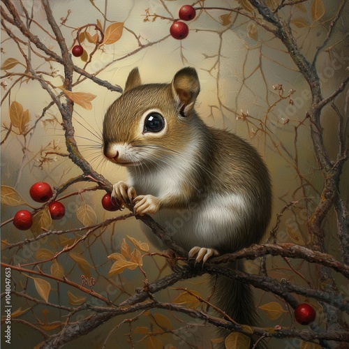 A delightful squirrel perched on branches adorned with vibrant berries in autumn splendor