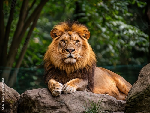 Majestic lion resting on rocks beneath lush greenery in the afternoon sun