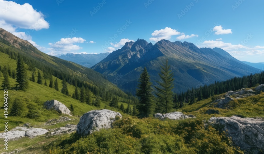 mountains with trees and rocks in the foreground and a blue sky mountains with trees and rocks in the foreground and a blue sky