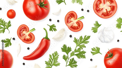 Pattern Featuring Tomato, Pepper, Garlic, and Parsley Leaves Without Background, Celebrating Fresh Ingredients in a Vibrant and Colorful Design