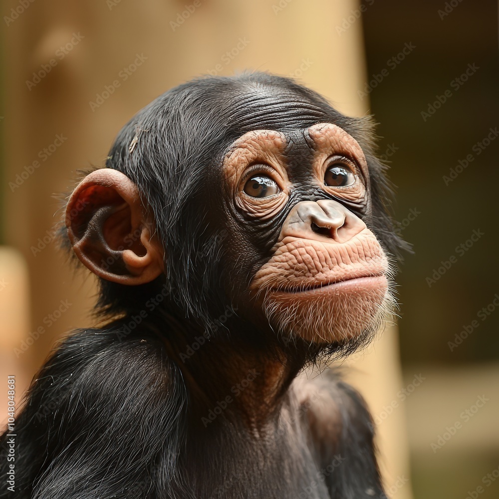 Adorable young chimpanzee gazing curiously in a forest enclosure during daylight Adorable young chimpanzee gazing curiously in a forest enclosure during daylight