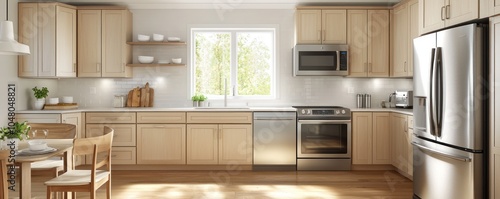 Airy kitchen with birchwood cabinets, stainless steel, and a casual dining space.