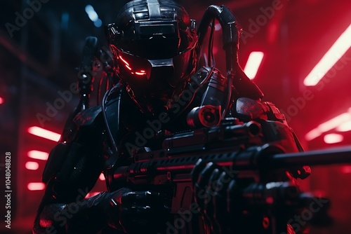 Futuristic Soldier In Red Lit Environment Holding Weapon