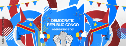 DR Congo national day festive banner. Vibrant modern template for national holiday celebration with raised hands and flag. June 30th. Happy independence Democratic Republic of the Congo