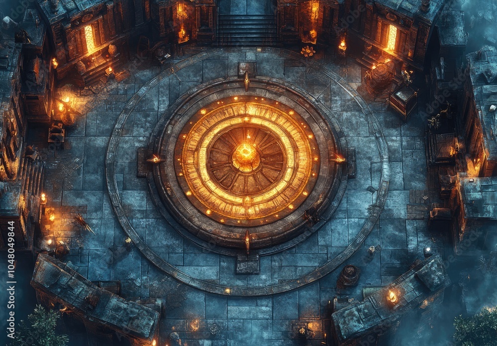 Fototapeta premium Aerial view of a mystical stone structure with a central flame and surrounding architecture.