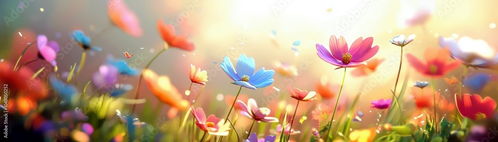 Naklejka premium Vibrant Wildflowers in Expansive Open Field