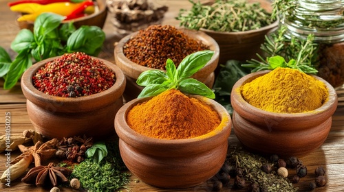 Wooden Table Set with Various Spices and Herbs