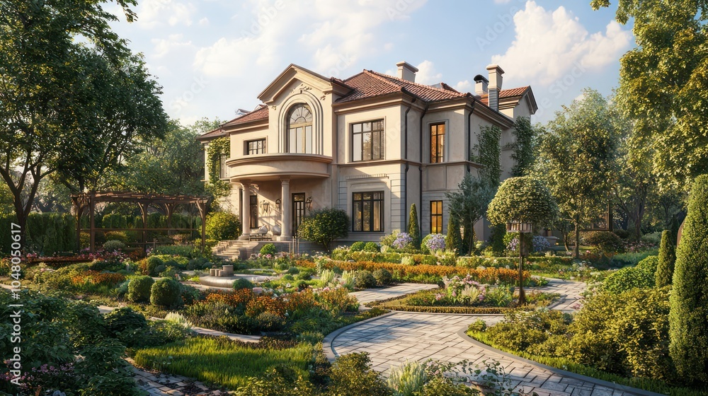 Fototapeta premium Summertime view of a luxurious suburban house with a well-maintained garden.