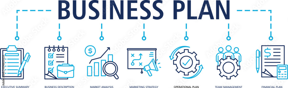 Business Plan web icon vector illustration concept with icon of (executive summary,business description,market analysis,marketing strategy,operational plan,team management,financial plan) Business Plan web icon vector illustration concept with icon of (executive summary,business description,market analysis,marketing strategy,operational plan,team management,financial plan)