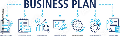 Business Plan web icon vector illustration concept with icon of (executive summary,business description,market analysis,marketing strategy,operational plan,team management,financial plan)