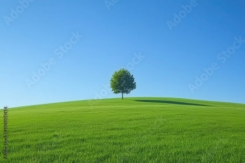 Peaceful Green Field with Single Tree Under Blue Sky