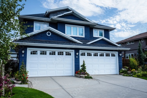 Practical design showcased by dual white garage doors on a blue suburban house.