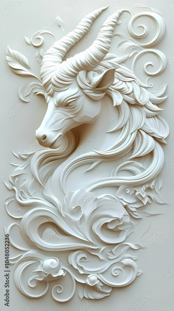 A majestic goat symbol representing the Capricorn zodiac, with sturdy horns and a focused gaze, symbolizing ambition, resilience, and determination amidst a winter landscape. A majestic goat symbol representing the Capricorn zodiac, with sturdy horns and a focused gaze, symbolizing ambition, resilience, and determination amidst a winter landscape.