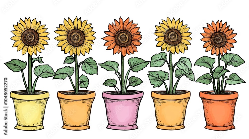 Obraz premium Hand-Drawn Vector Illustration of Sunflowers in Pots, Designed as a Coloring Book Page with Rich, Bold Colors and Intricate Details