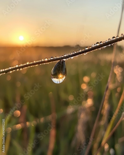Dew Drop on Blade Captured at Sunrise