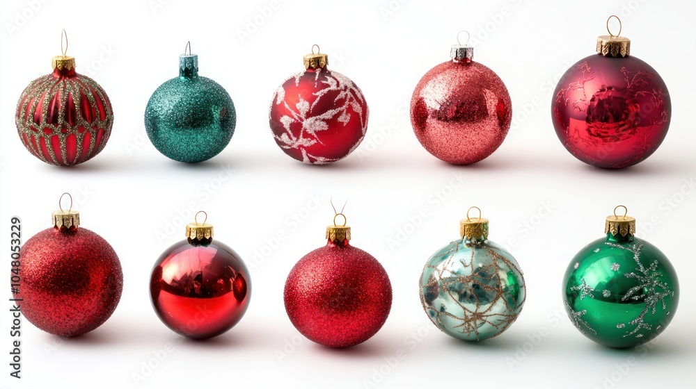 A collection of festive Christmas ornaments on a white isolated background, vibrant reds and greens, highly detailed textures with glittering surfaces, soft natural lighting, 32K resolution A collection of festive Christmas ornaments on a white isolated background, vibrant reds and greens, highly detailed textures with glittering surfaces, soft natural lighting, 32K resolution