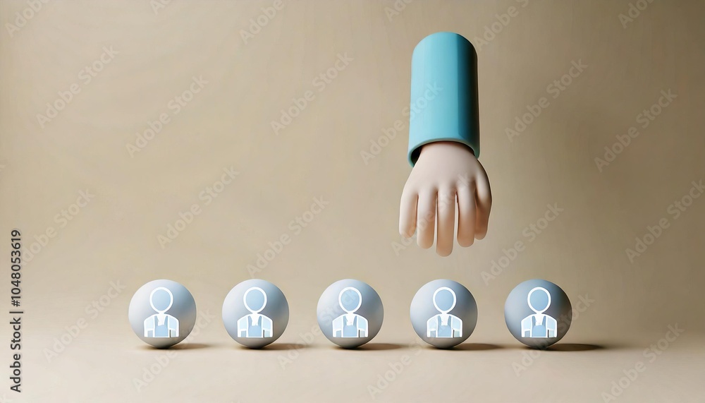 Naklejka premium A hand is selecting figures representing people, symbolizing choice, recruitment, or decision-making in a minimalist setting.