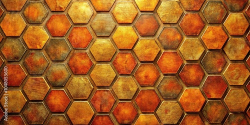 Textured modern oil canvas, antique brass, orange strokes, hexagons High Angle