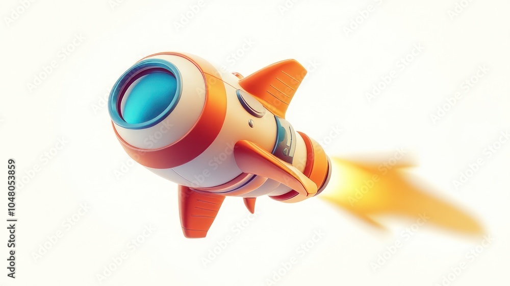 Fototapeta premium A cute cartoon spaceship flying through a bright white background, with exaggerated thrusters and vibrant, playful details, sharp focus on simple textures, 32K resolution