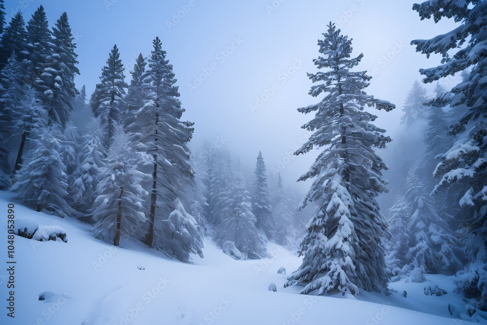 The snow covered pine trees in a winter forest with fog, minimalist backgrounds The snow covered pine trees in a winter forest with fog, minimalist backgrounds