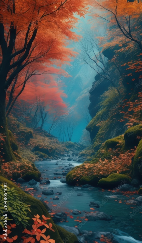 painting of a stream in a forest with red leaves on the ground painting of a stream in a forest with red leaves on the ground