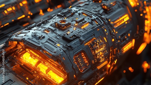 Fototapeta Naklejka Na Ścianę i Meble -  A detailed close-up view of a futuristic spaceship hull, featuring sharp metallic textures, glowing circuits, and intricate mechanical parts, hyper-realistic lighting.