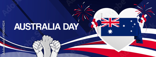 Australia day festive banner. Vibrant modern template for national holiday celebration with raised hands and flag. January 26th. Happy national day of Australia