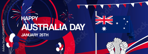 Australia day festive banner. Vibrant modern template for national holiday celebration with raised hands and flag. January 26th. Happy national day of Australia