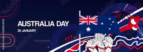 Australia day festive banner. Vibrant modern template for national holiday celebration with raised hands and flag. January 26th. Happy national day of Australia