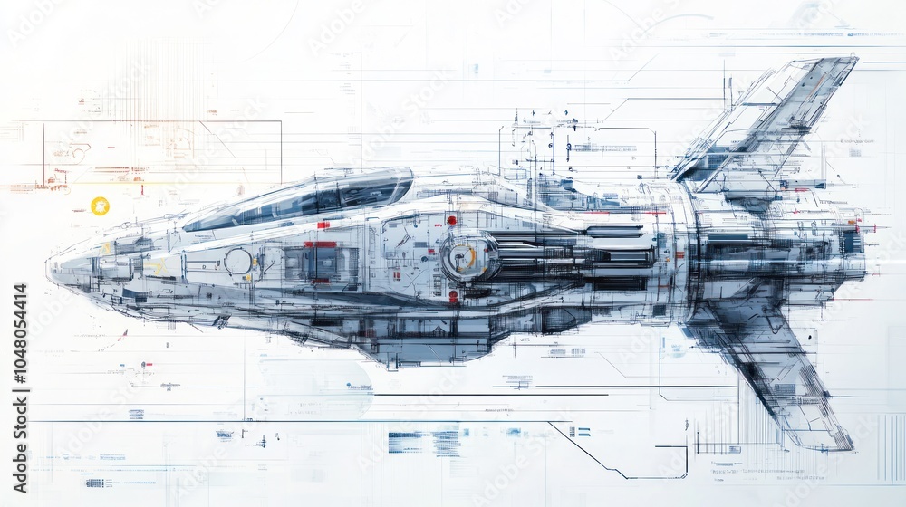 A full view of a futuristic spaceship blueprint, showcasing detailed schematics, sharp technical drawings, and vibrant colors, placed on a white background.