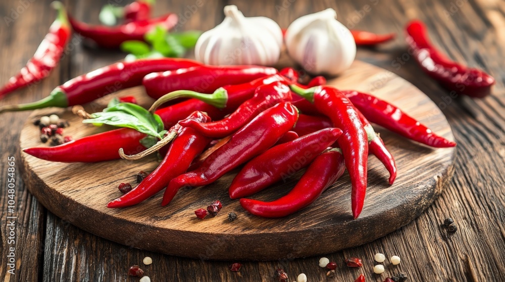 Vibrant Chili Peppers and Garlic on Wooden Board Vibrant Chili Peppers and Garlic on Wooden Board