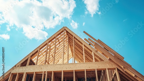 Construction of a dream home with trusses being installed, sky clear.