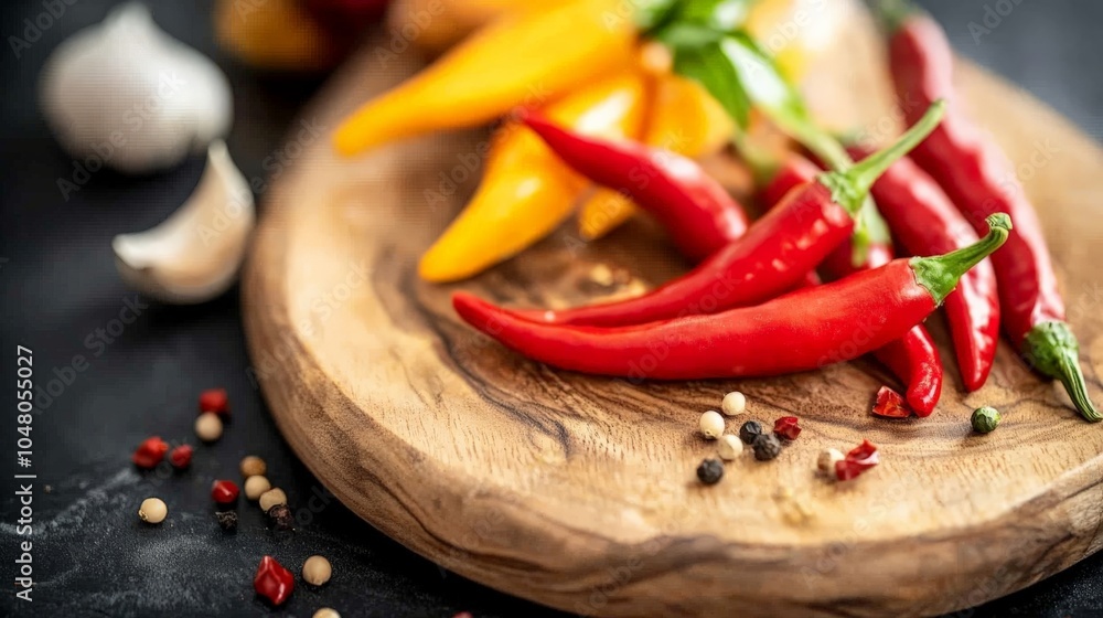 Vibrant Chili Peppers and Garlic on Wooden Board Vibrant Chili Peppers and Garlic on Wooden Board