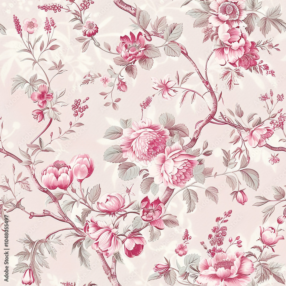 Fototapeta Seamless Toile de Jouy Floral Bird Pattern – Vintage-Inspired Elegant Design for Prints and Textiles