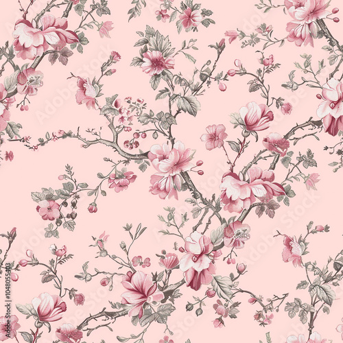 Seamless Toile de Jouy Floral Bird Pattern – Vintage-Inspired Elegant Design for Prints and Textiles