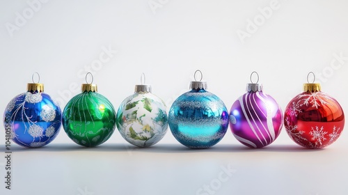 A group of holiday-themed ornaments, vibrant and colorful, isolated on a white background, hyper-detailed textures, lifelike reflections and shadows. photo